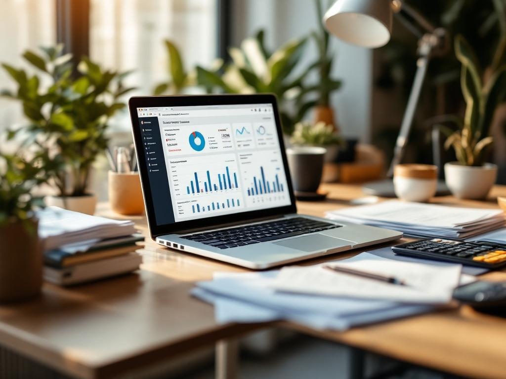 Accounting office with laptop and documents managed by AI