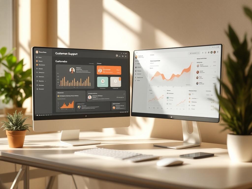 Workspace with monitors showing support dashboard